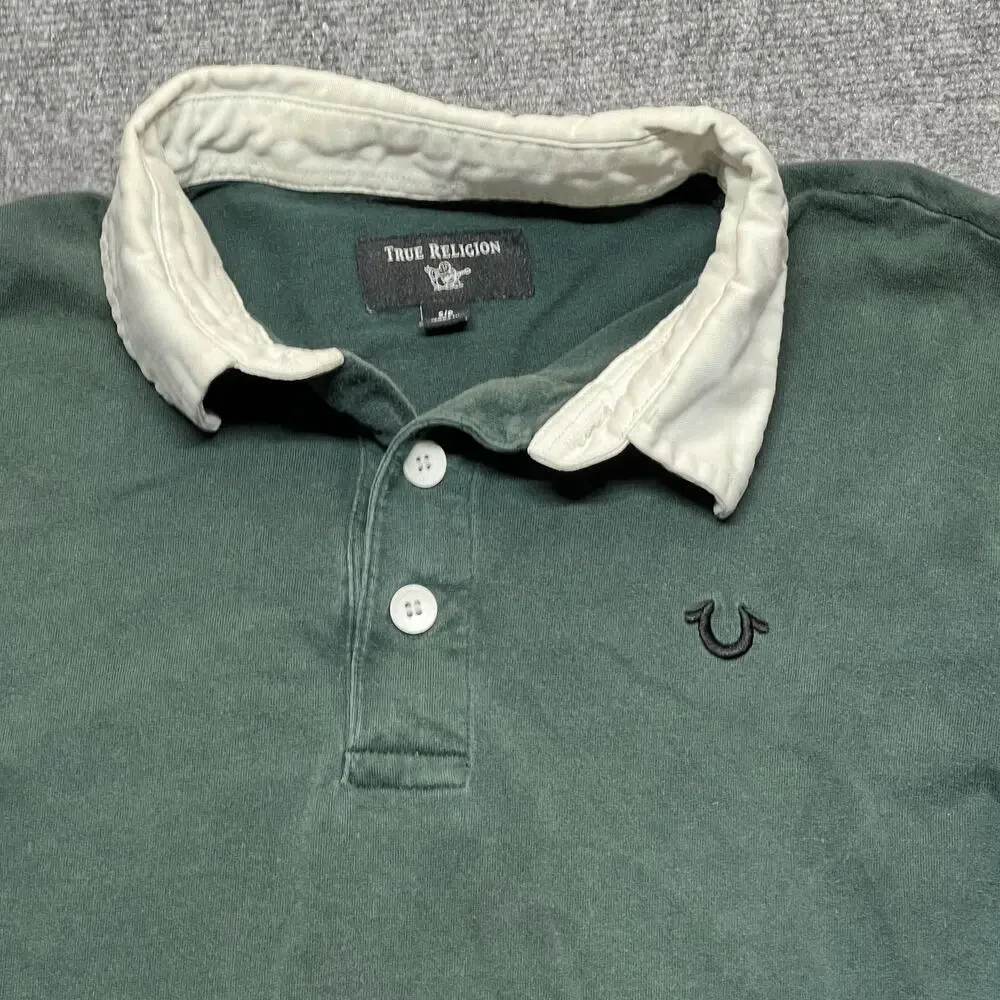 True Religion Rugby Polo Shirt Mens Small Green Blue Colorblock Logo Cotton